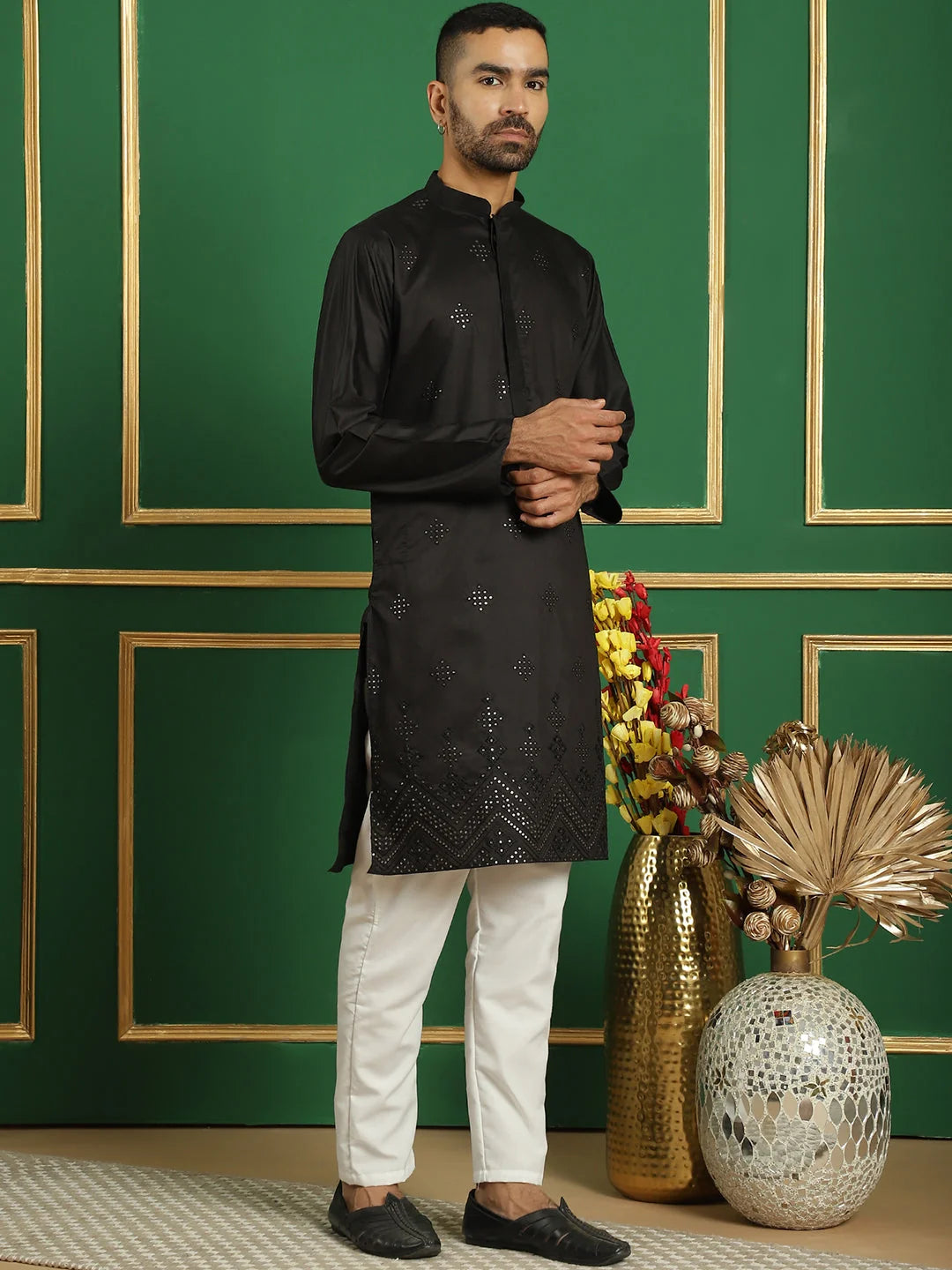 Black Embroidered Cotton Kurta Pajama Set for Men | Shop Now