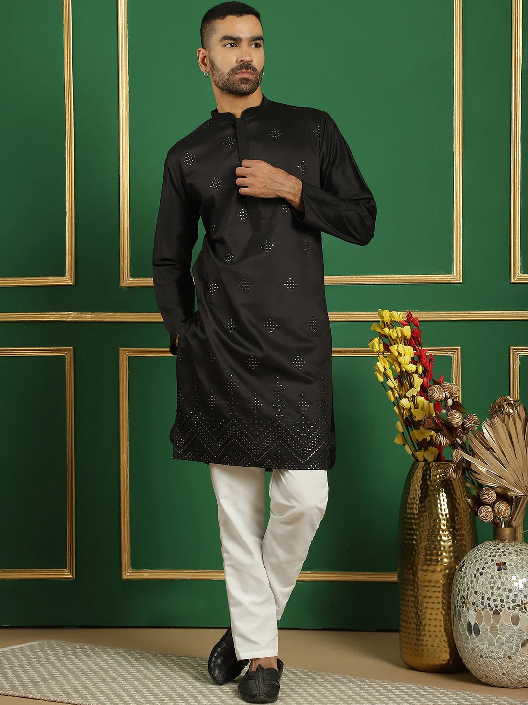Black Embroidered Cotton Kurta Pajama Set for Men | Shop Now