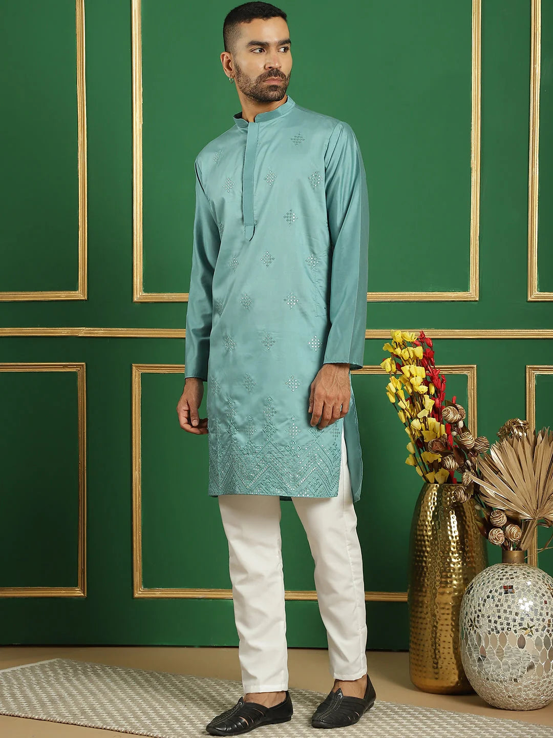 Blue Embroidered Kurta Pajama Set for Men | Cotton Kurta