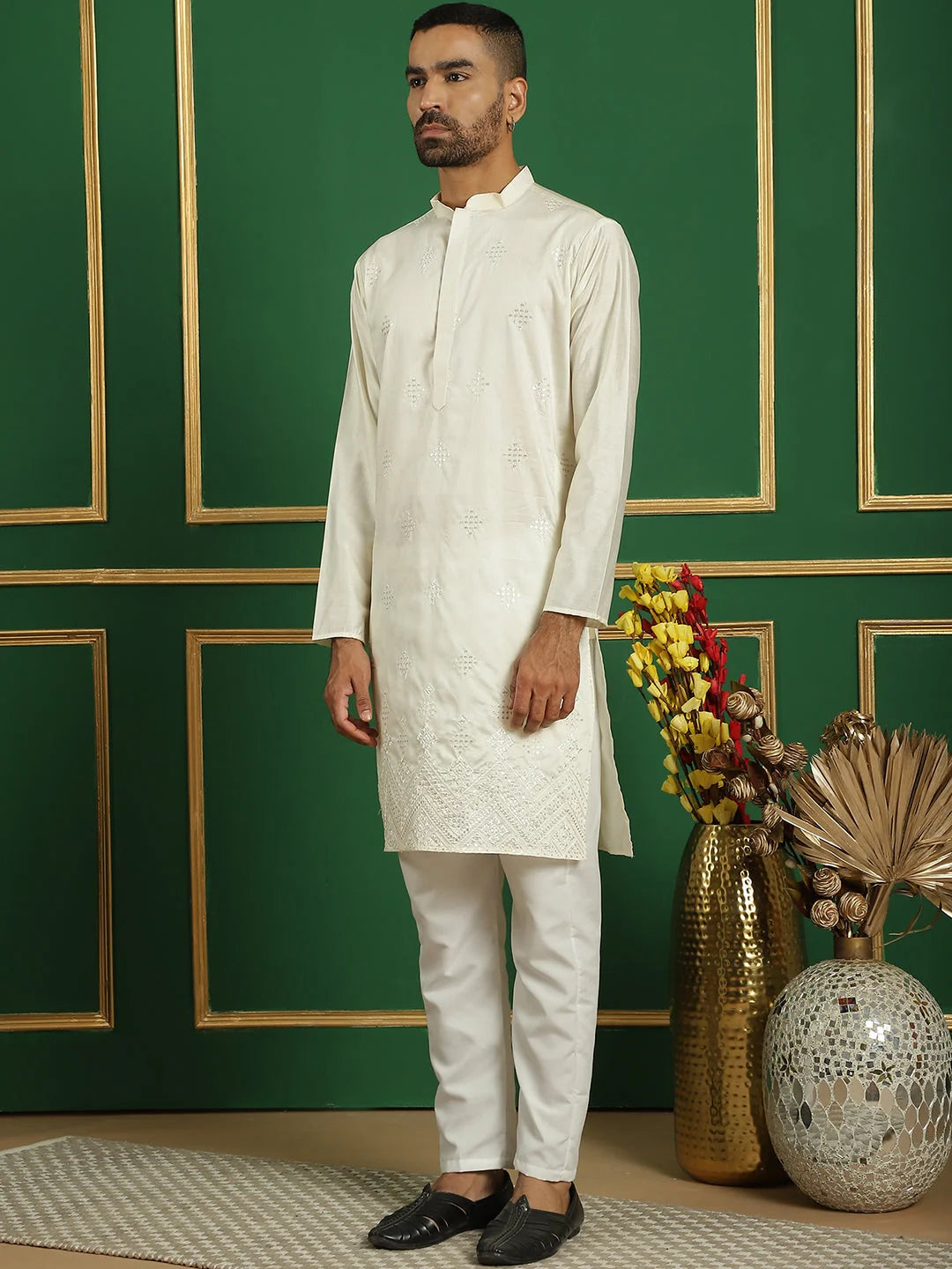 Cream Embroidered Kurta Pajama for Men | Stylish Cotton Kurta Set