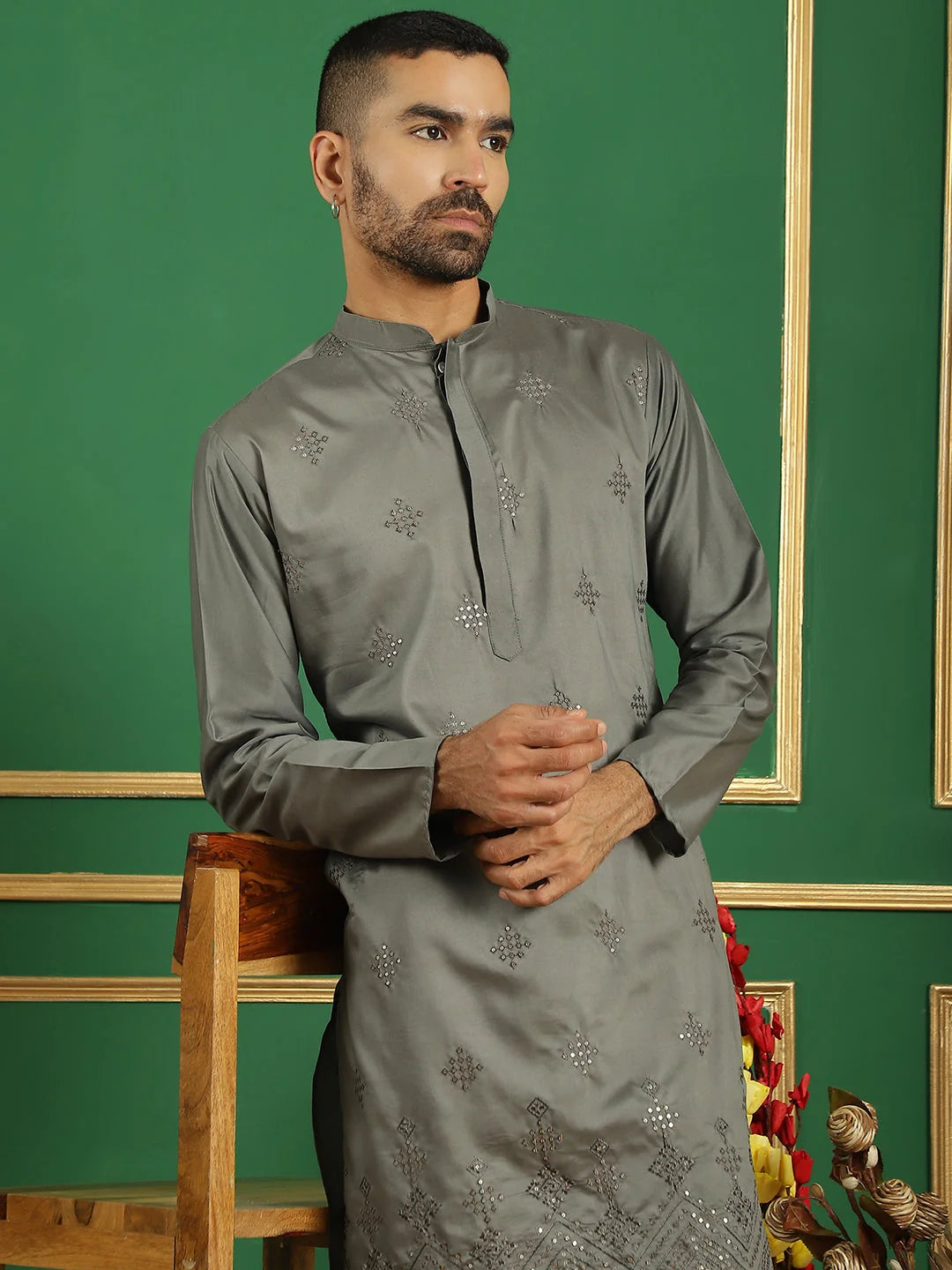 Men's Grey Embroidered Kurta Pajama Set | Styled Cotton Kurta