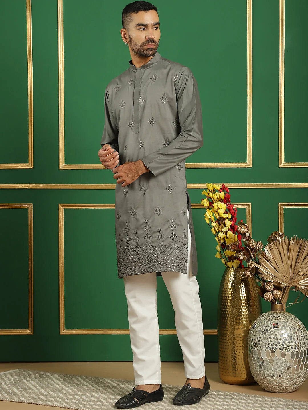 Men's Grey Embroidered Kurta Pajama Set | Styled Cotton Kurta