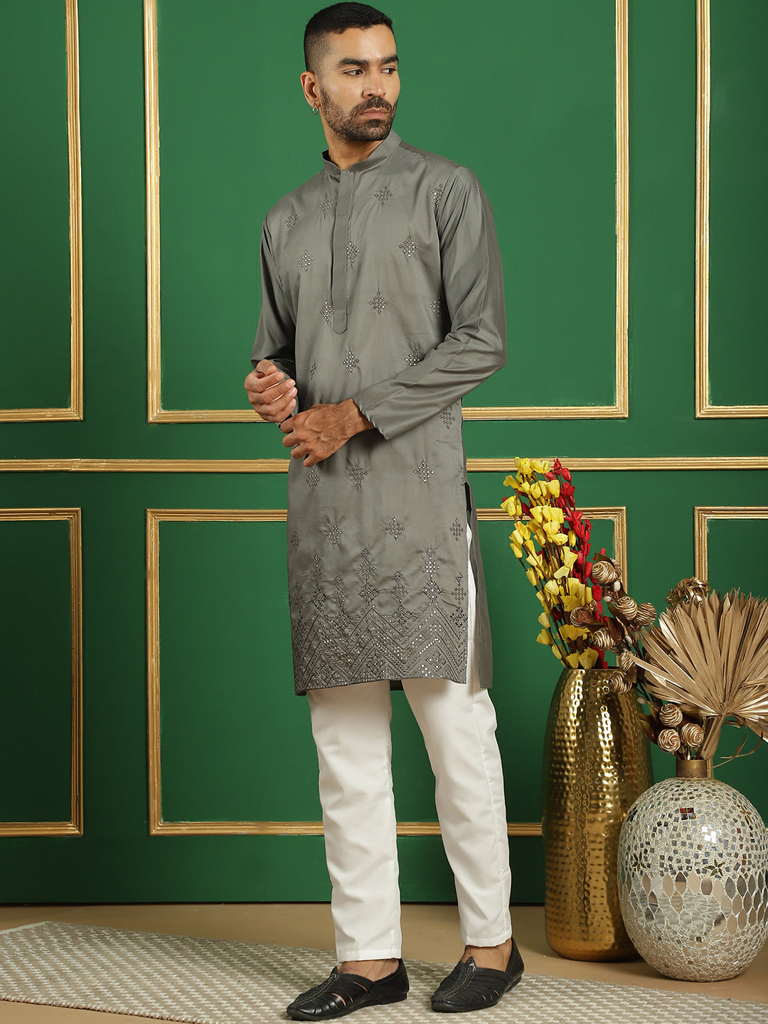 Men's Grey Embroidered Kurta Pajama Set | Styled Cotton Kurta