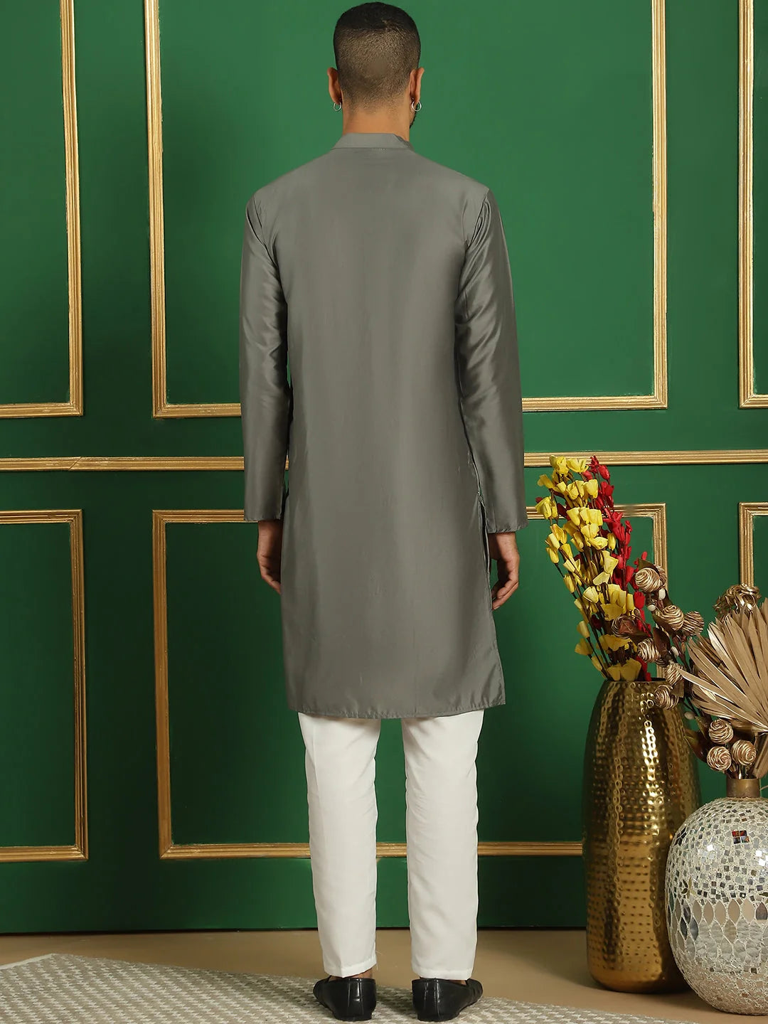 Men's Grey Embroidered Kurta Pajama Set | Styled Cotton Kurta