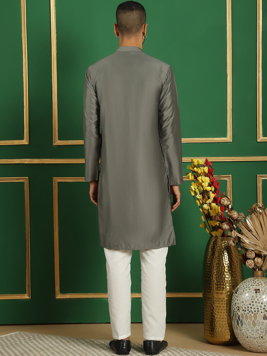 Men's Grey Embroidered Kurta Pajama Set | Styled Cotton Kurta