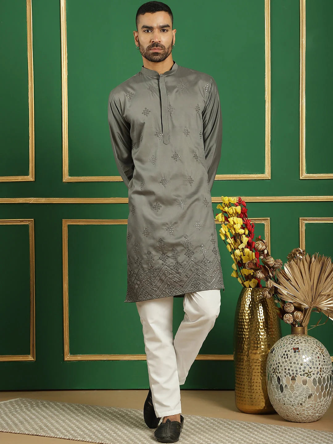 Men's Grey Embroidered Kurta Pajama Set | Styled Cotton Kurta