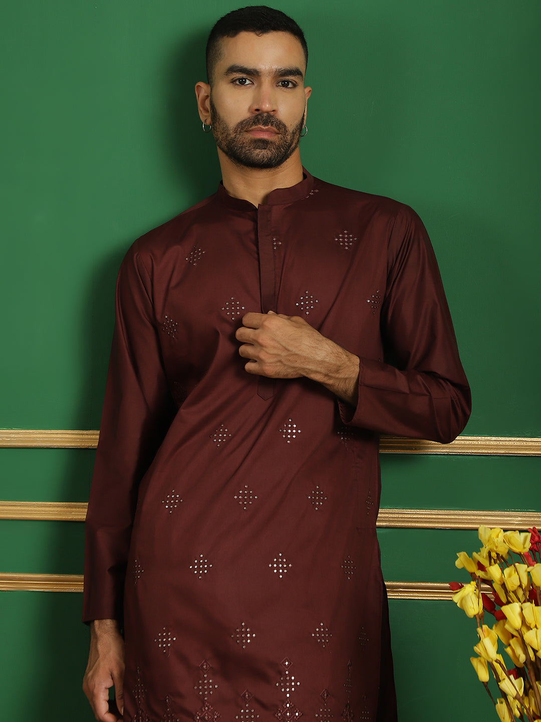 Maroon Embroidered Mens Kurta Pajama Set | Designer Kurta