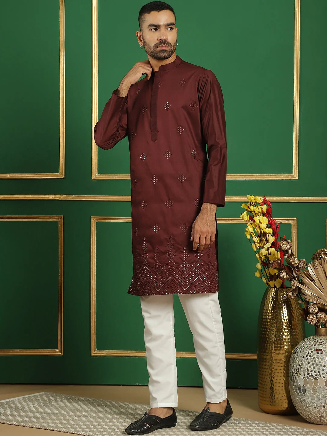 Maroon Embroidered Mens Kurta Pajama Set | Designer Kurta