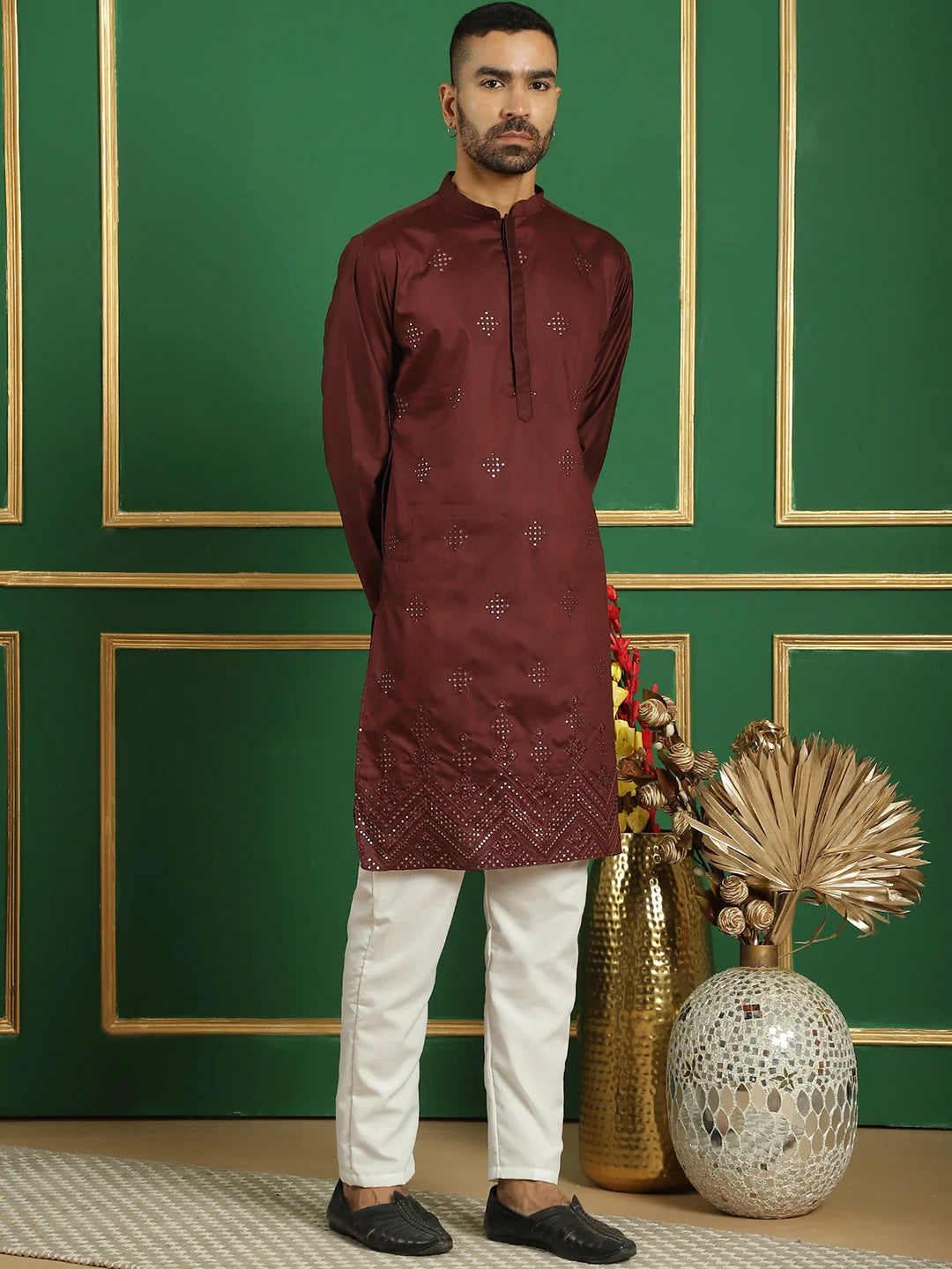Maroon Embroidered Mens Kurta Pajama Set | Designer Kurta