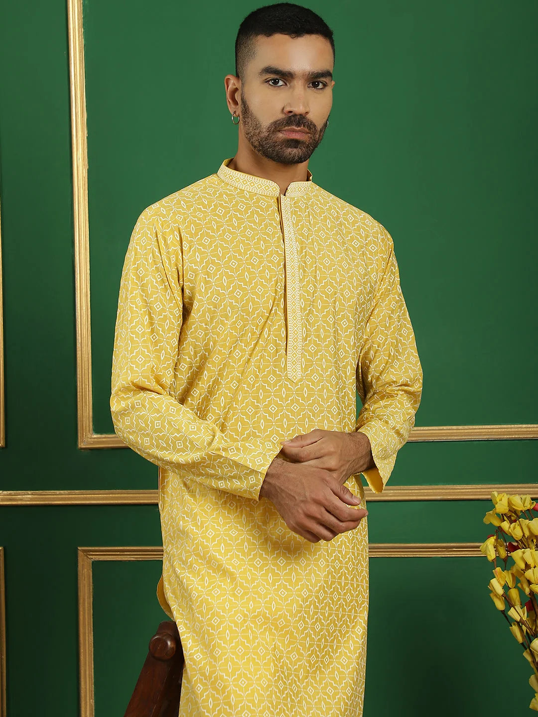 Yellow Geometric Print Mens Kurta Pajama Set | Kurta Pajama