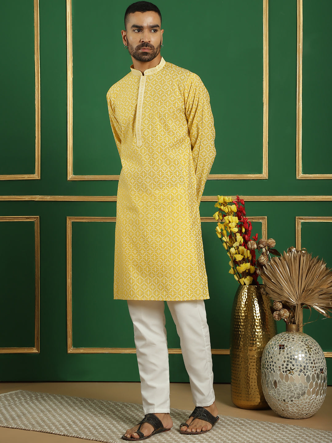 Yellow Geometric Print Mens Kurta Pajama Set | Kurta Pajama