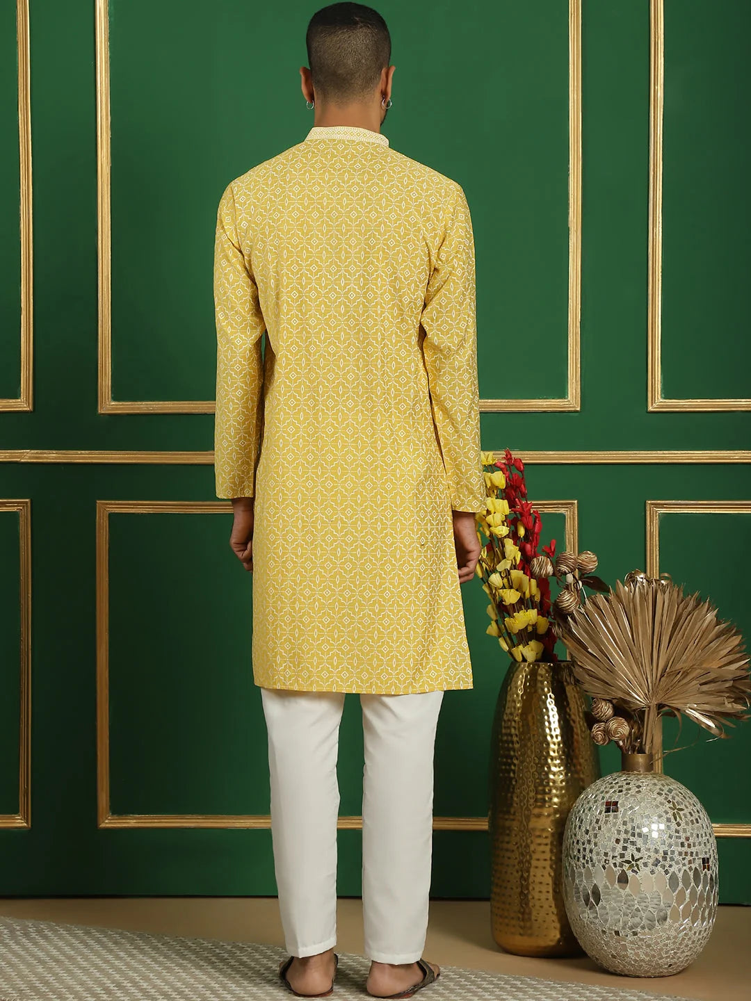 Yellow Geometric Print Mens Kurta Pajama Set | Kurta Pajama