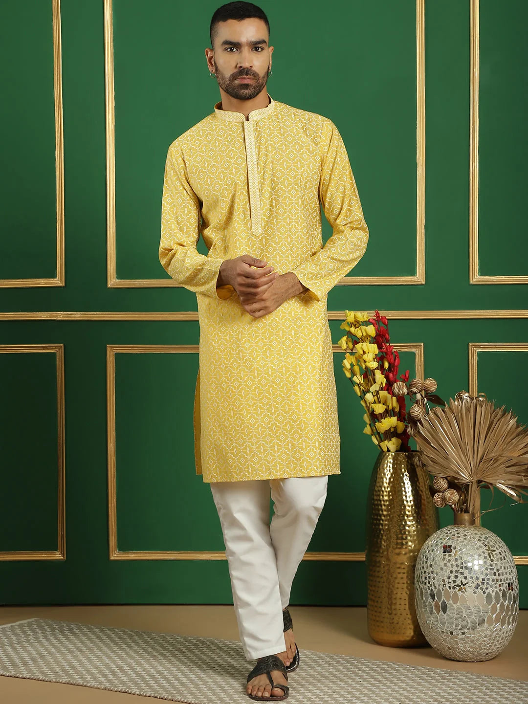 Yellow Geometric Print Mens Kurta Pajama Set | Kurta Pajama