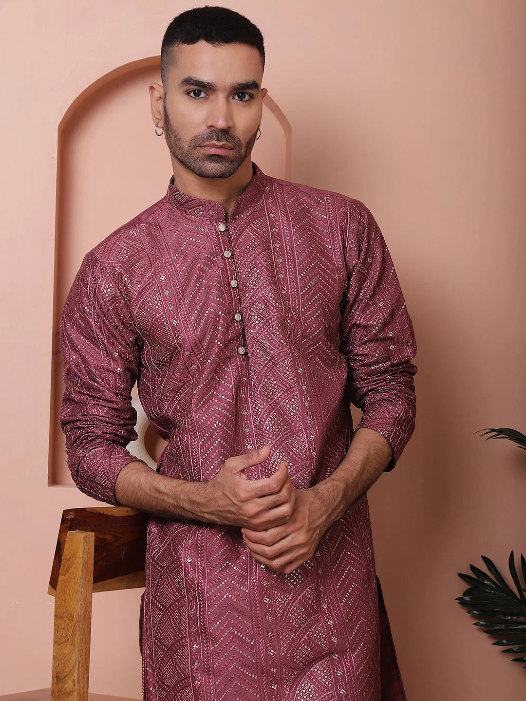 Magenta Embroidered Mens Kurta Pajama Set - Silk Cotton Pathani