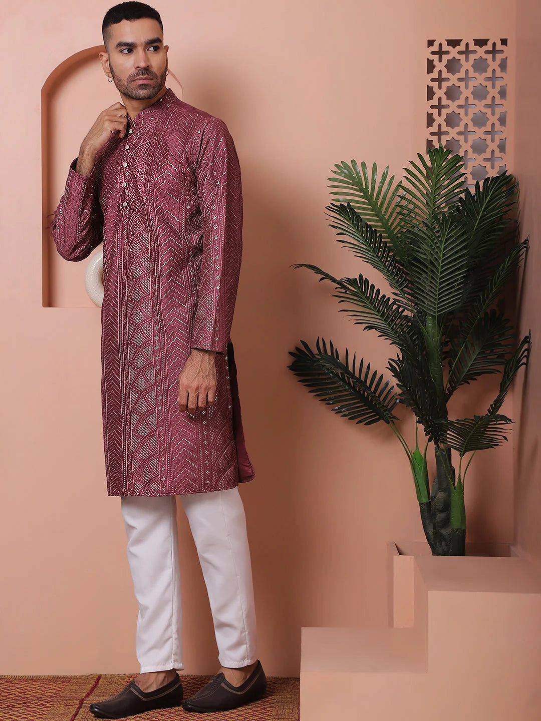 Magenta Embroidered Mens Kurta Pajama Set - Silk Cotton Pathani