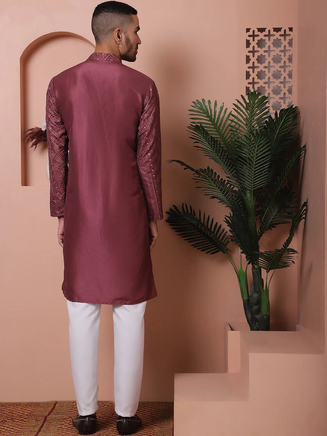 Magenta Embroidered Mens Kurta Pajama Set - Silk Cotton Pathani