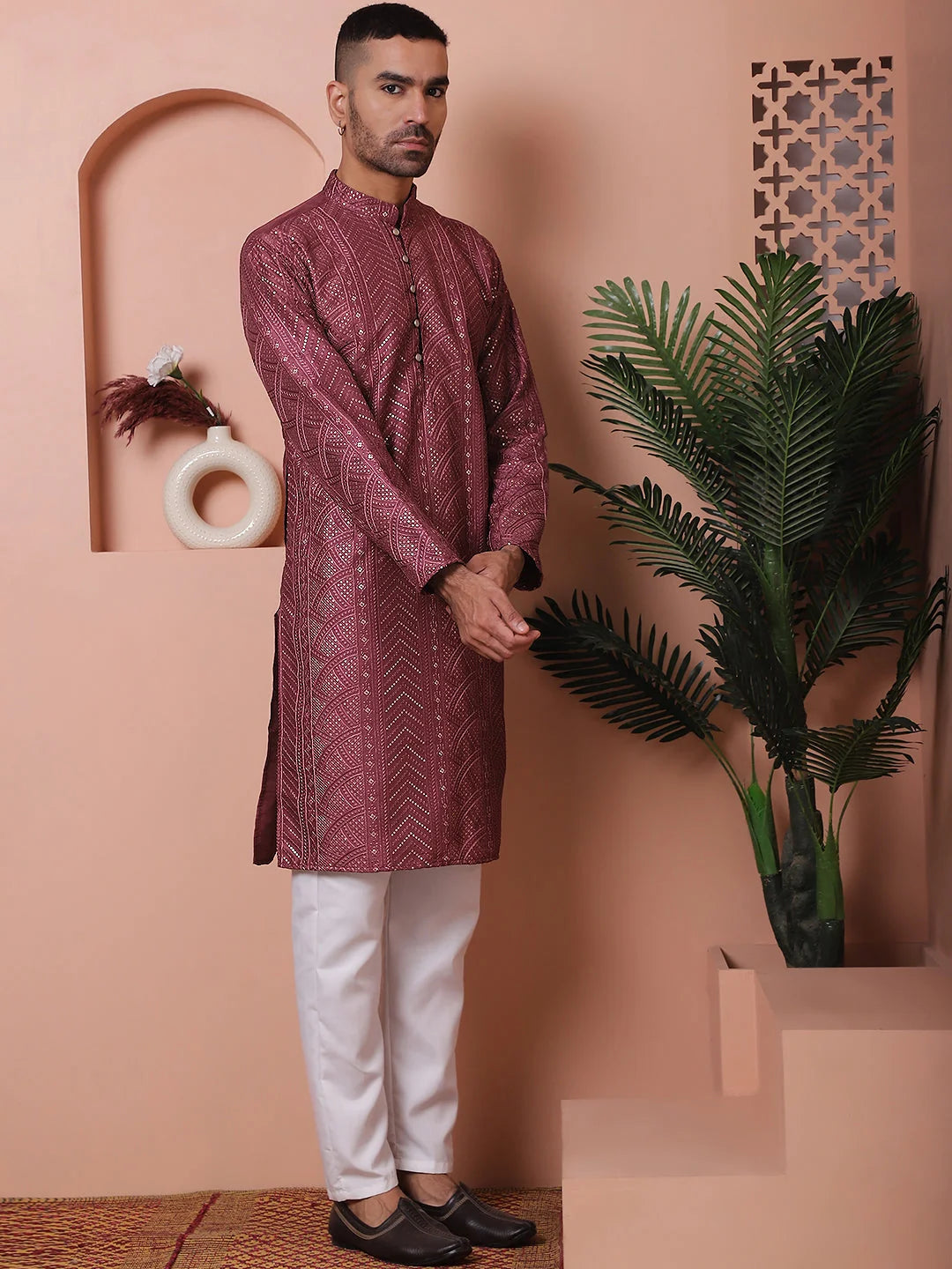 Magenta Embroidered Mens Kurta Pajama Set - Silk Cotton Pathani
