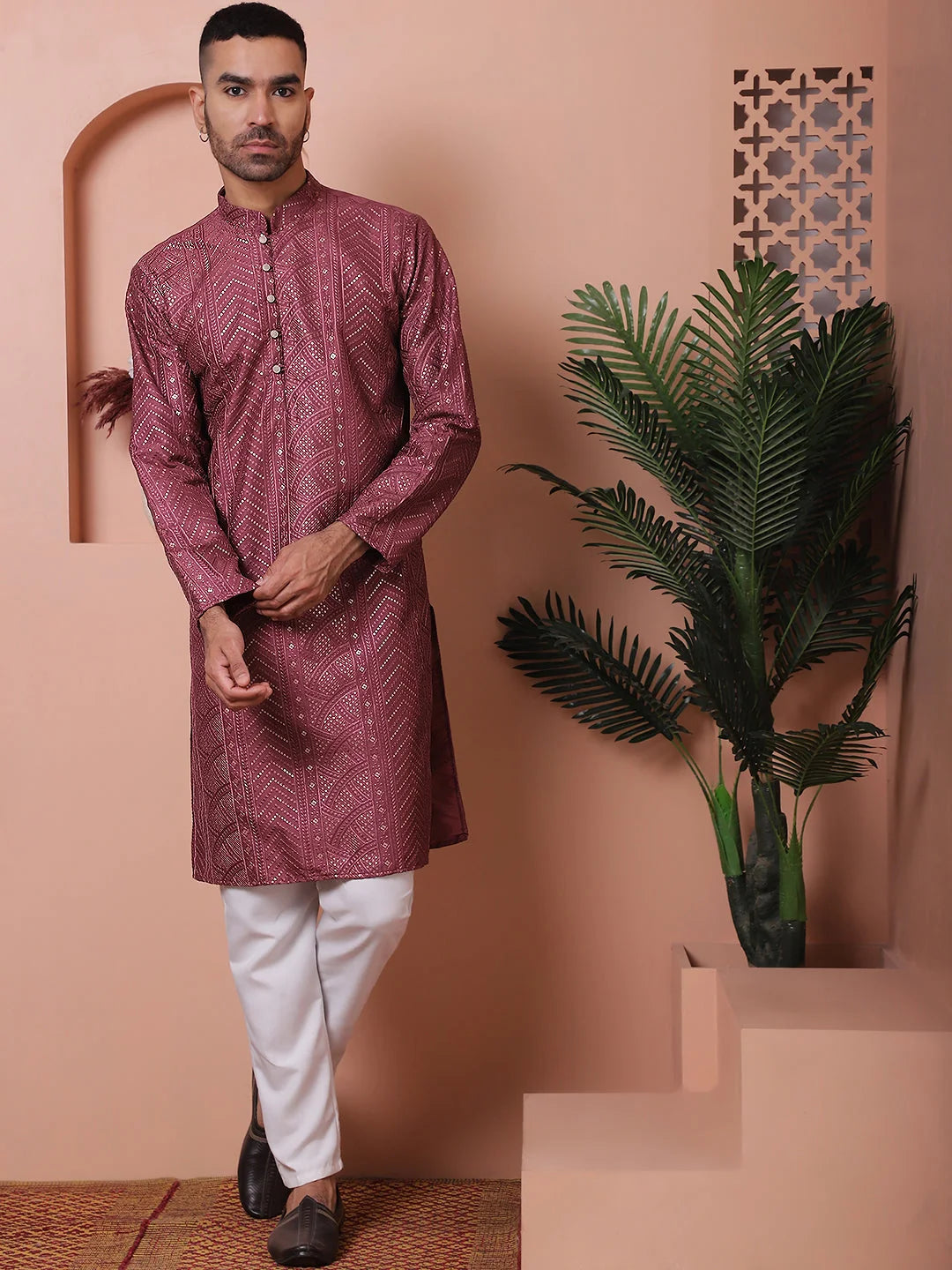 Magenta Embroidered Mens Kurta Pajama Set - Silk Cotton Pathani