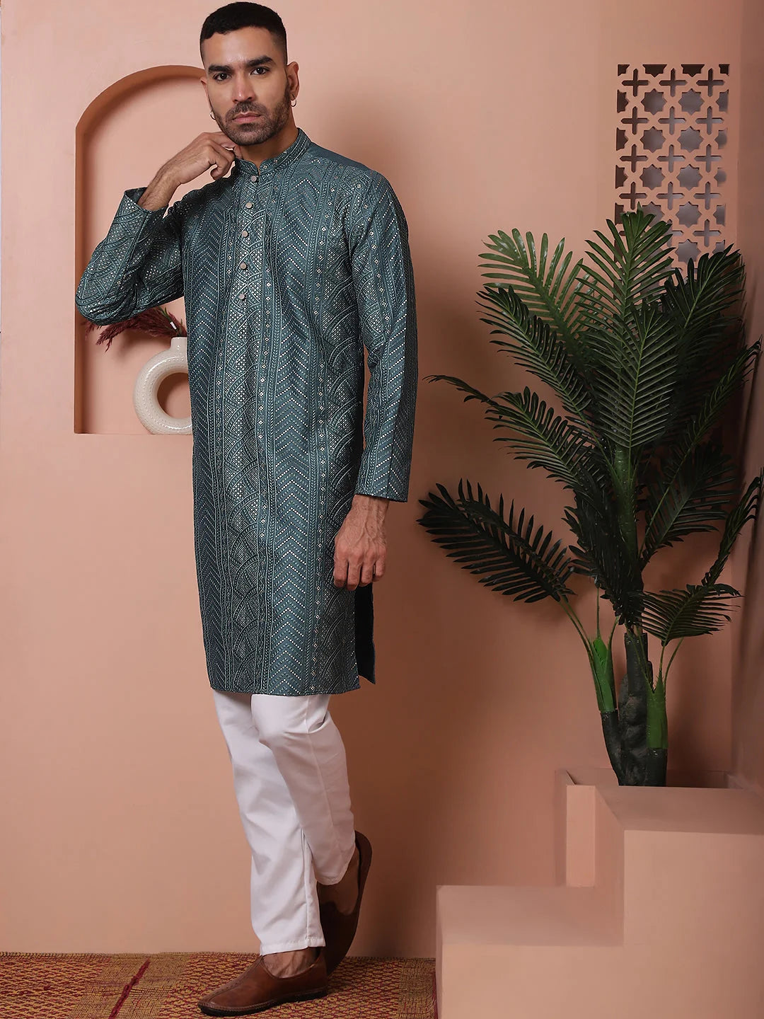 Teal Embroidered Mens Kurta Pajama Set - Silk Cotton Kurta Pajama