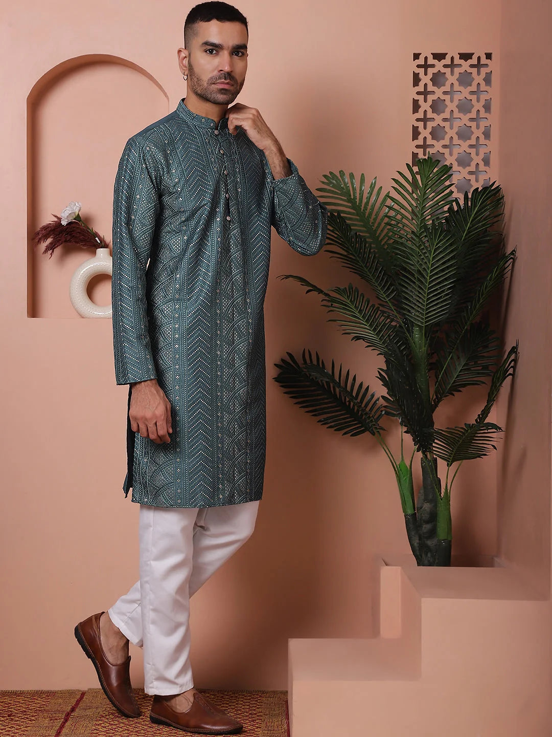 Teal Embroidered Mens Kurta Pajama Set - Silk Cotton Kurta Pajama