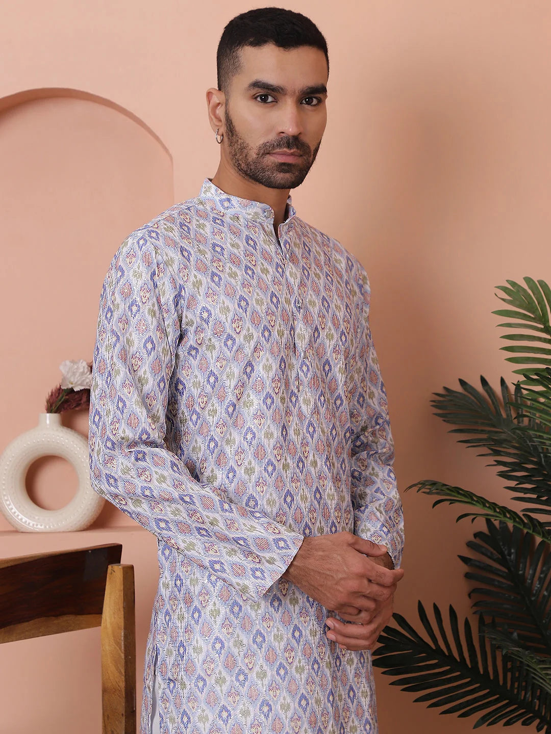Blue Mens Kurta Pajama Set - Embroidered Cotton Kurta Pajama