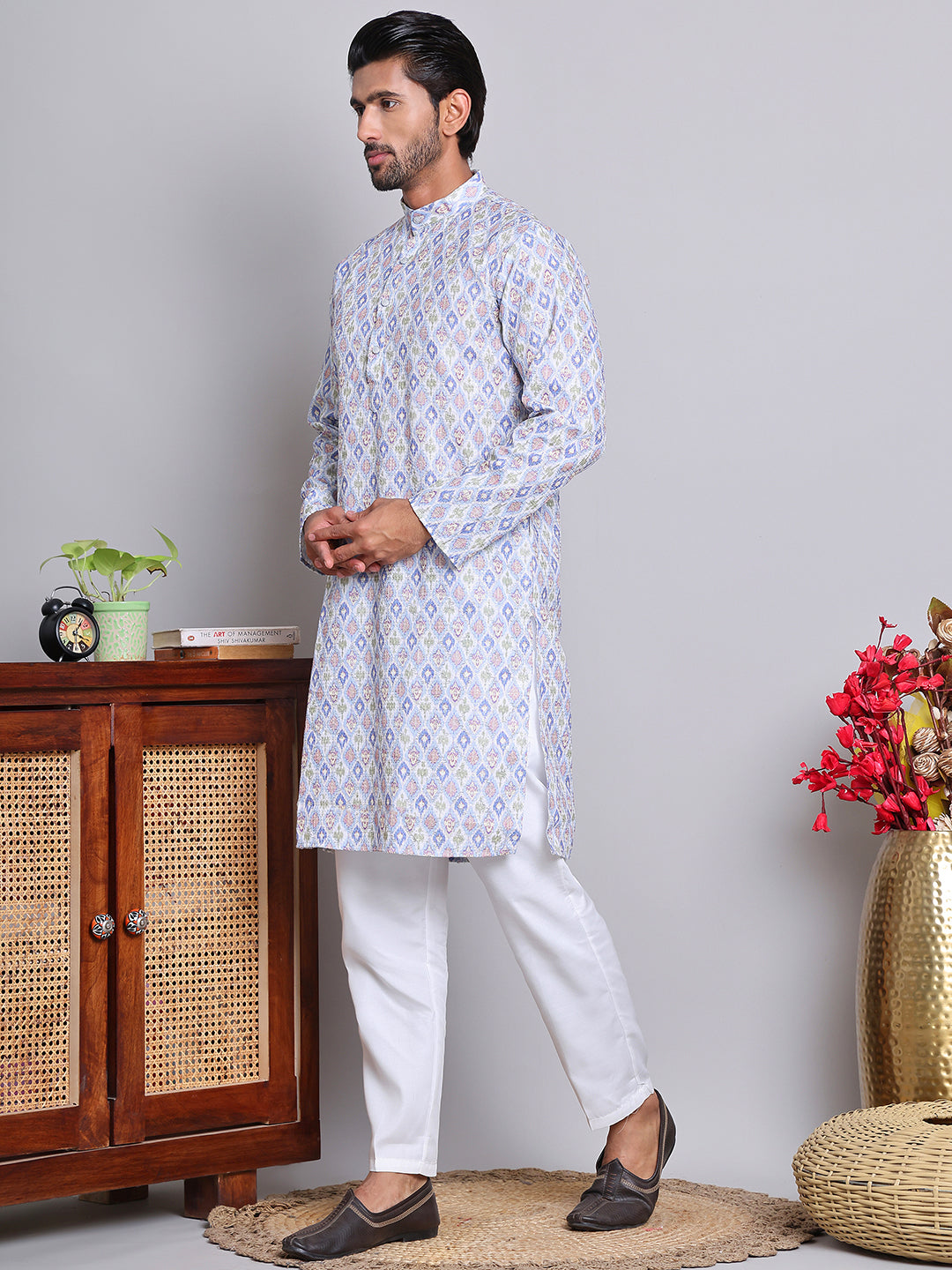 DesiQlo Men Embroidered Kurta Pyjama Set - Blue - NJOKP_P_5065Blue_S