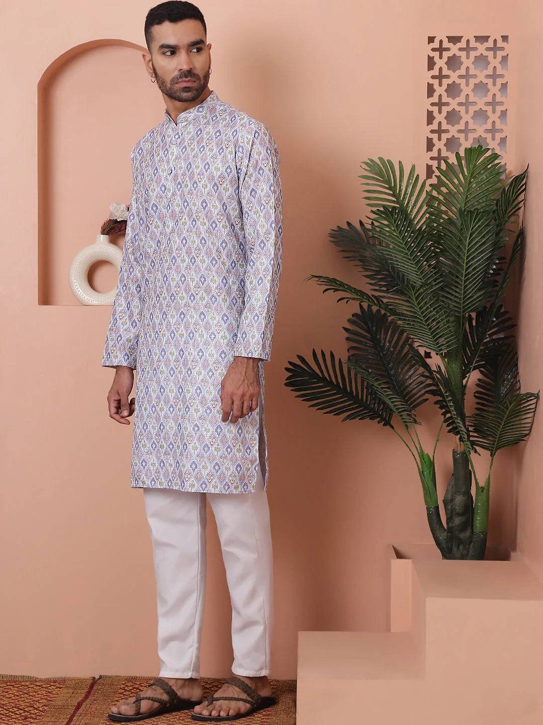 Blue Mens Kurta Pajama Set - Embroidered Cotton Kurta Pajama