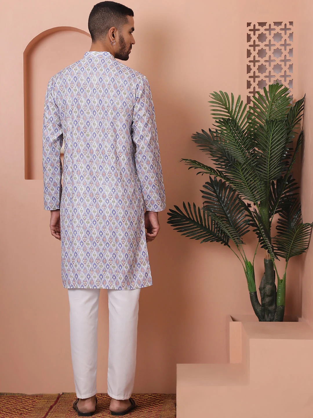 Blue Mens Kurta Pajama Set - Embroidered Cotton Kurta Pajama