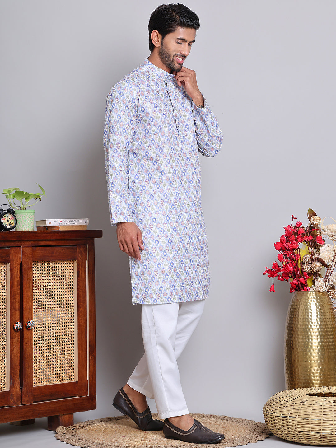 DesiQlo Men Embroidered Kurta Pyjama Set - Blue - NJOKP_P_5065Blue_S