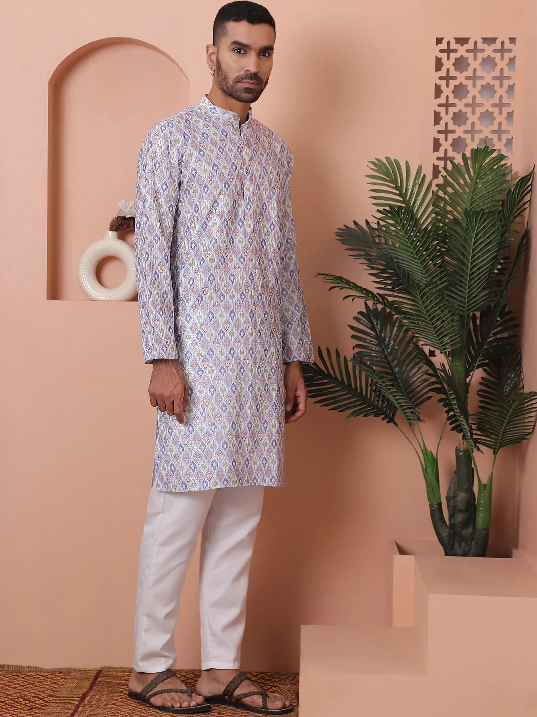 Blue Mens Kurta Pajama Set - Embroidered Cotton Kurta Pajama