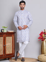 Men's Printed and Embroidered Kurta Pyjama Set ( NJOKP P 5065Blue )