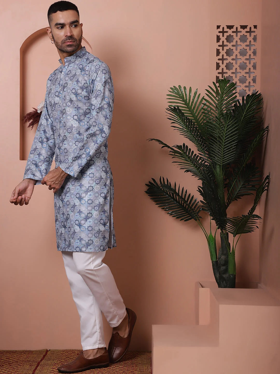 Grey Mens Kurta Pajama Set - Embroidered Cotton Blend Pathani ...