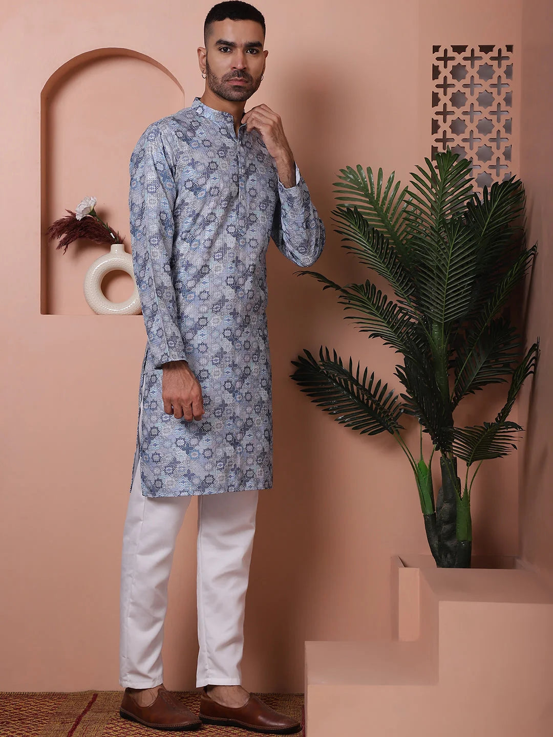 Grey Mens Kurta Pajama Set - Embroidered Cotton Blend Pathani ...