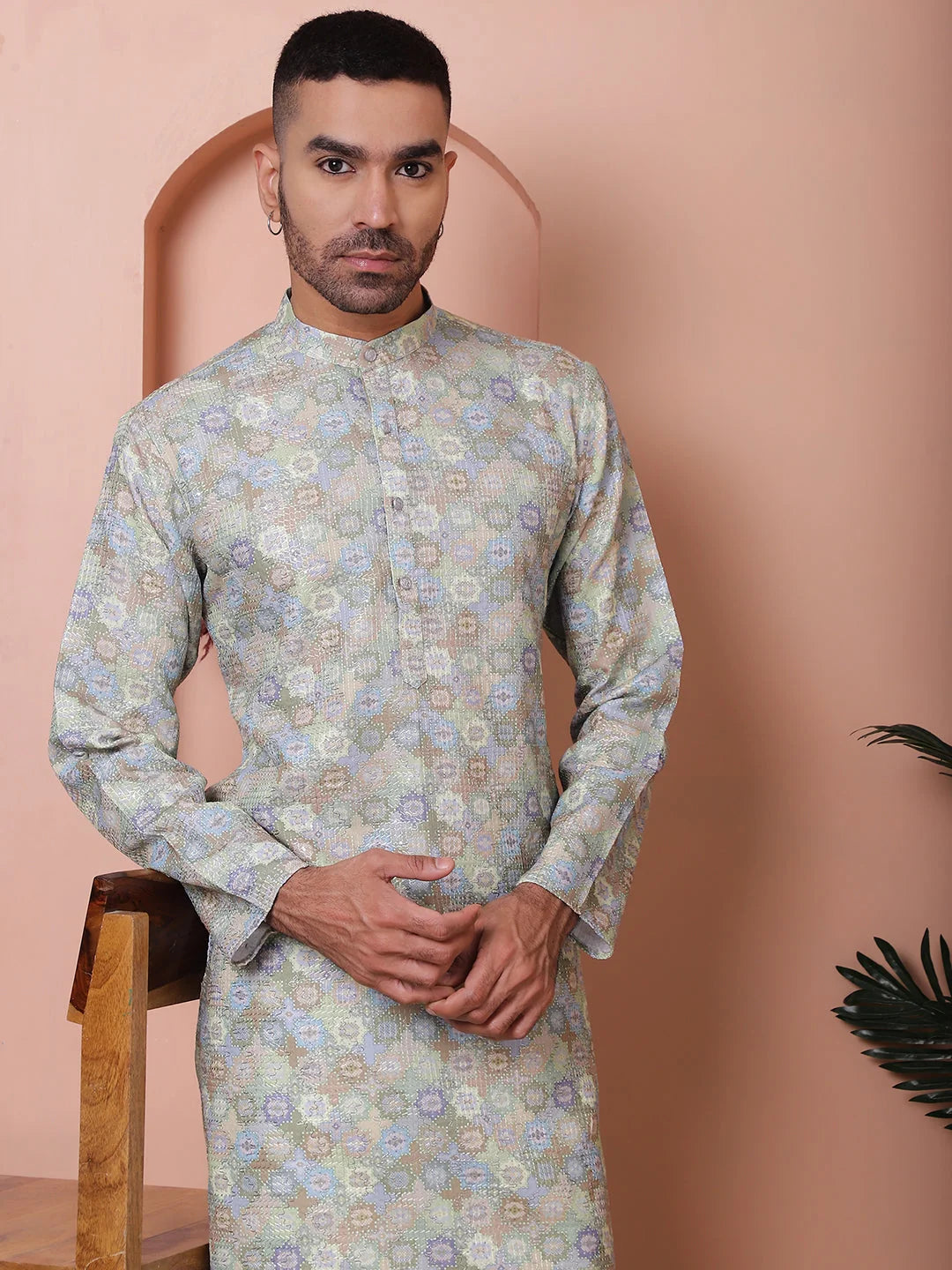 Mens Kurta Pajama Set - Pista Green Embroidered Cotton Blend