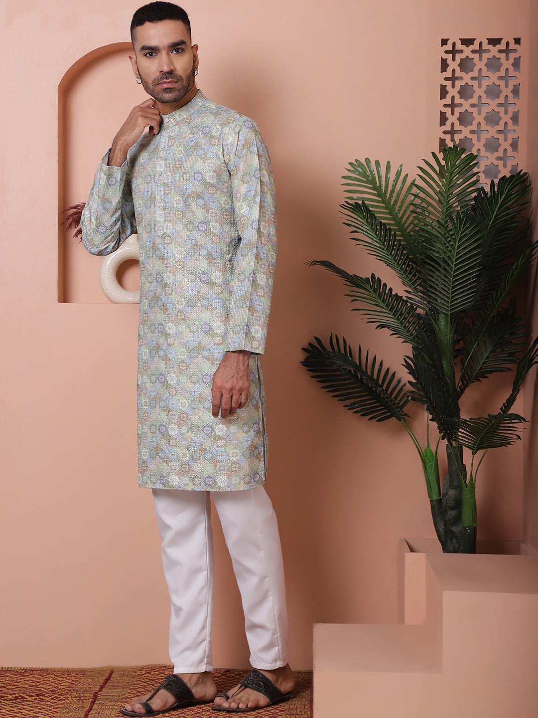 Mens Kurta Pajama Set - Pista Green Embroidered Cotton Blend