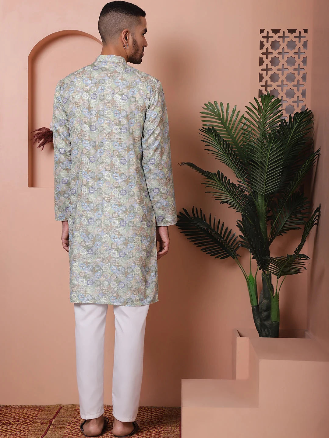 Mens Kurta Pajama Set - Pista Green Embroidered Cotton Blend