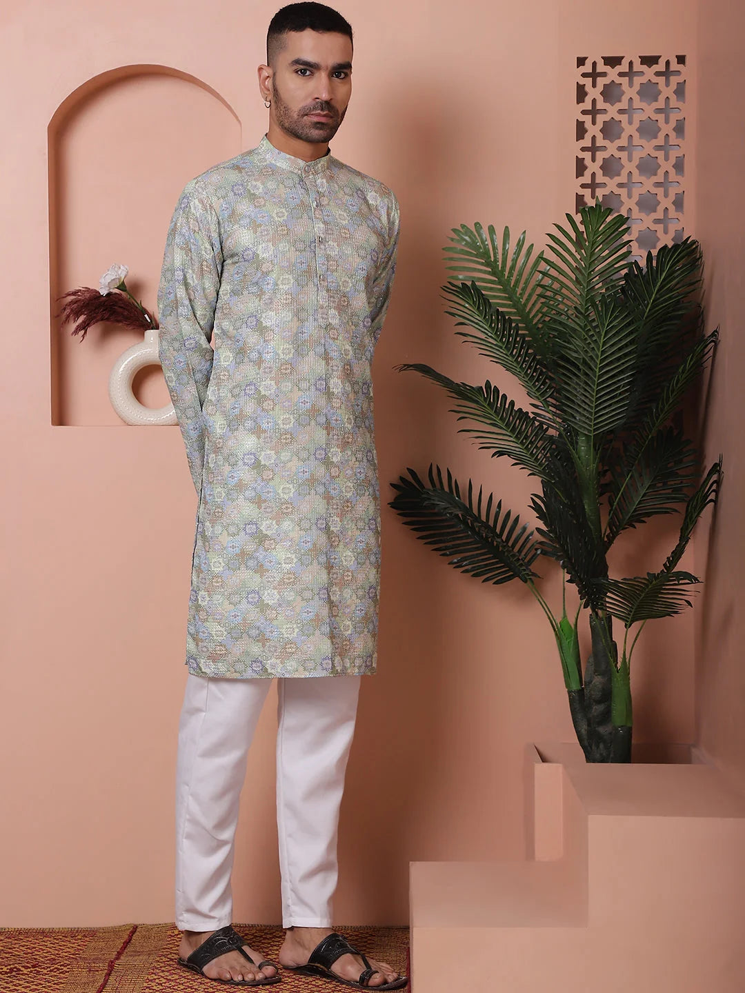 Mens Kurta Pajama Set - Pista Green Embroidered Cotton Blend