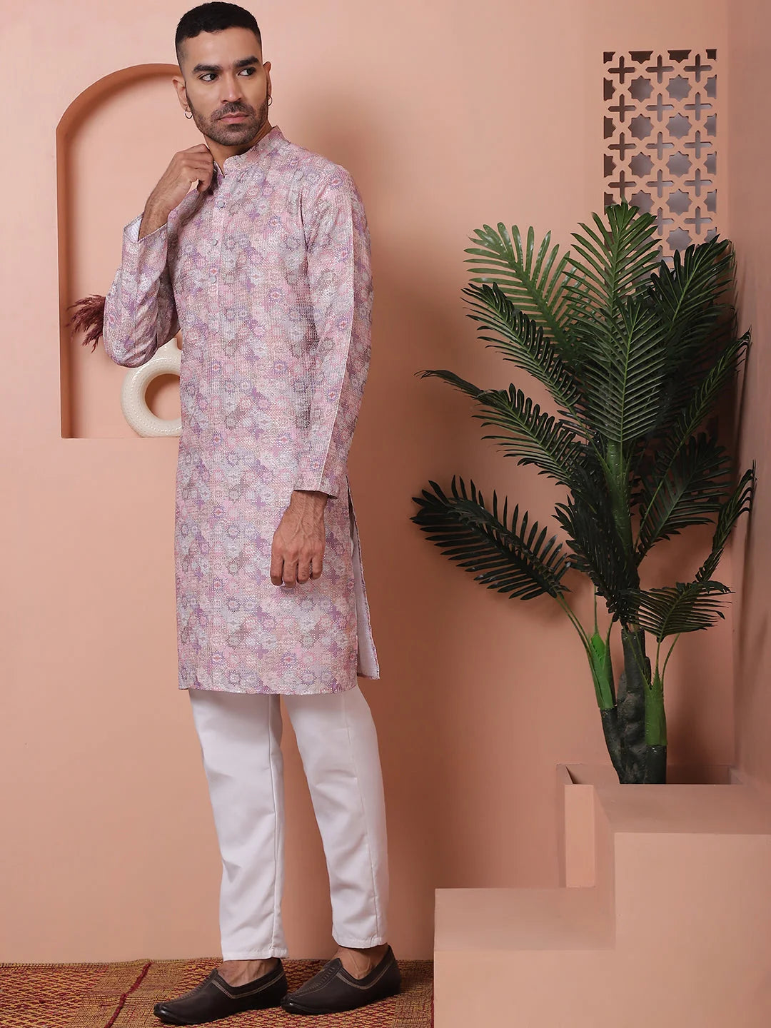 Purple Embroidered Mens Kurta Pajama Set | Cotton Blend