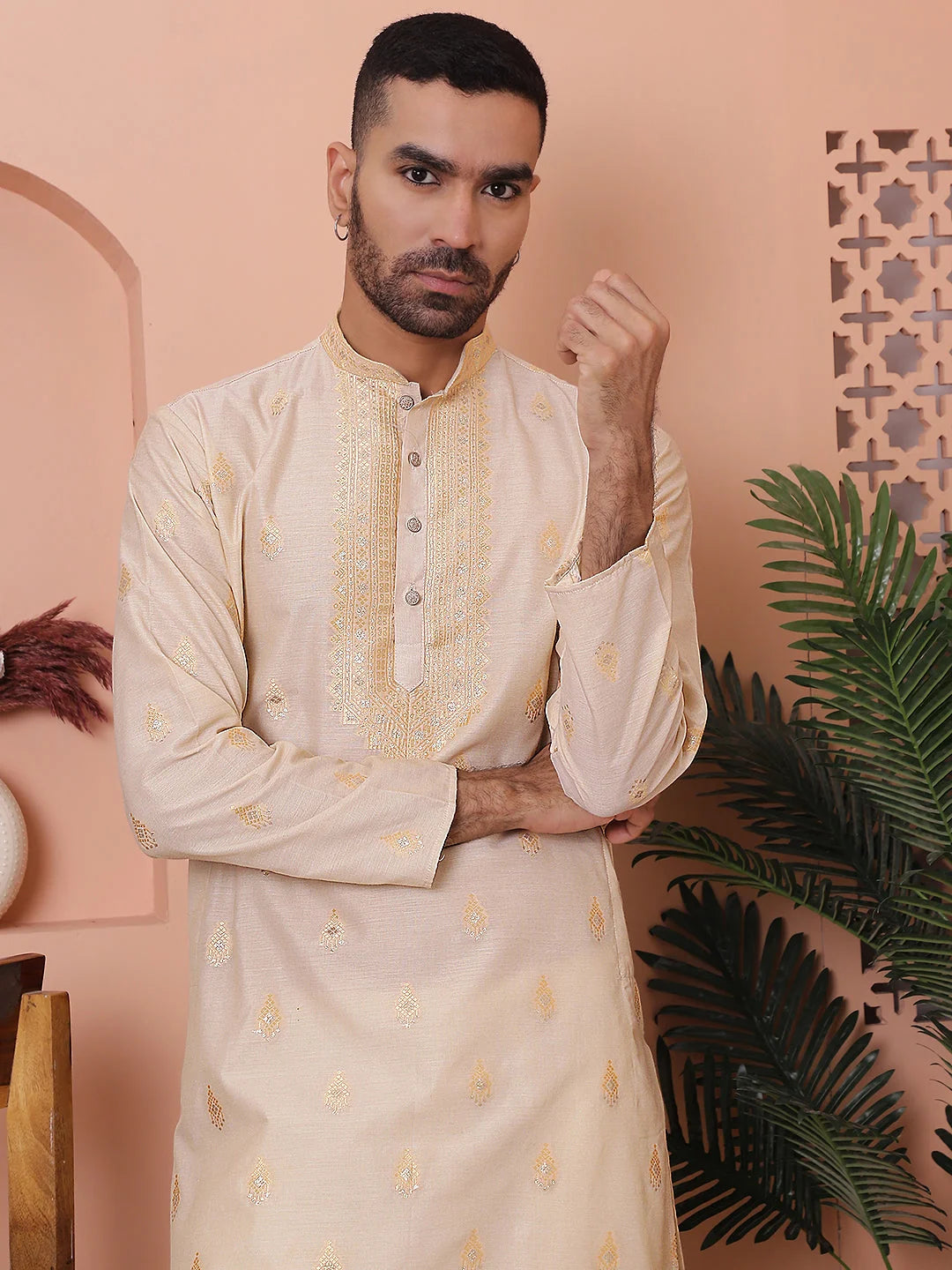 Cream Foil Printed Mens Kurta Pajama Set | Ethnic Style