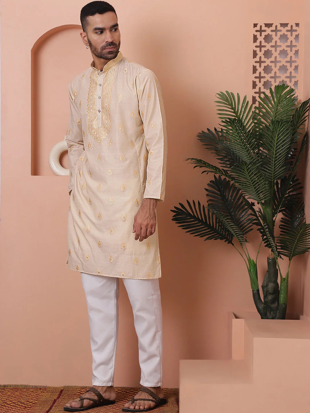 Cream Foil Printed Mens Kurta Pajama Set | Ethnic Style