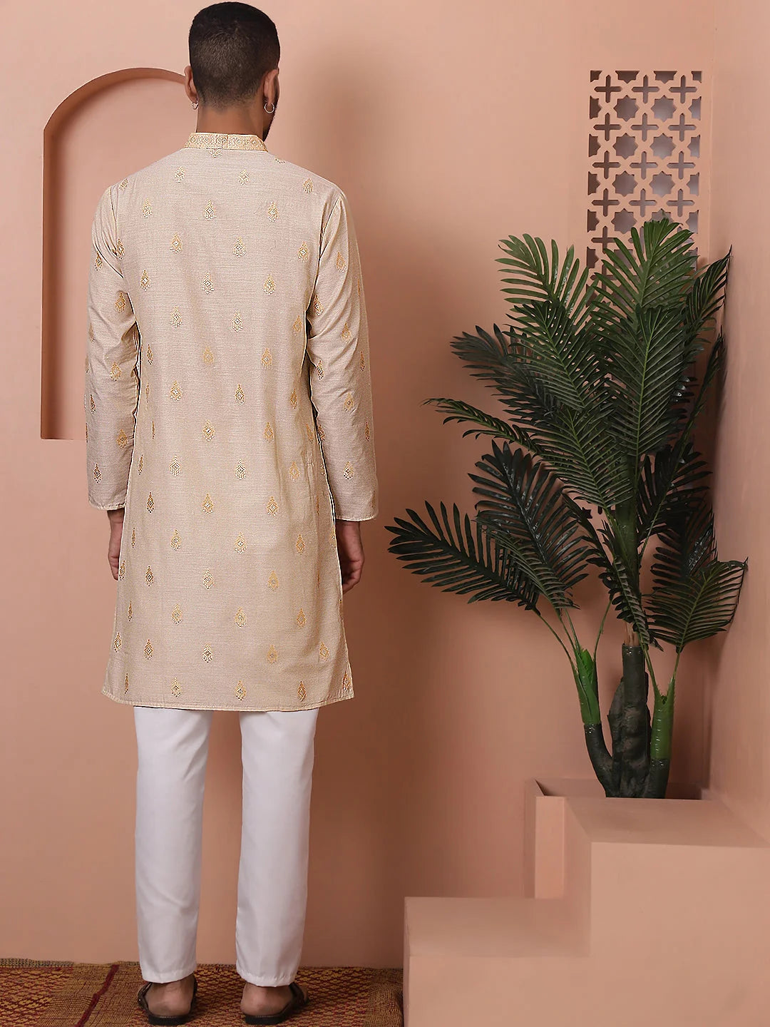 Cream Foil Printed Mens Kurta Pajama Set | Ethnic Style