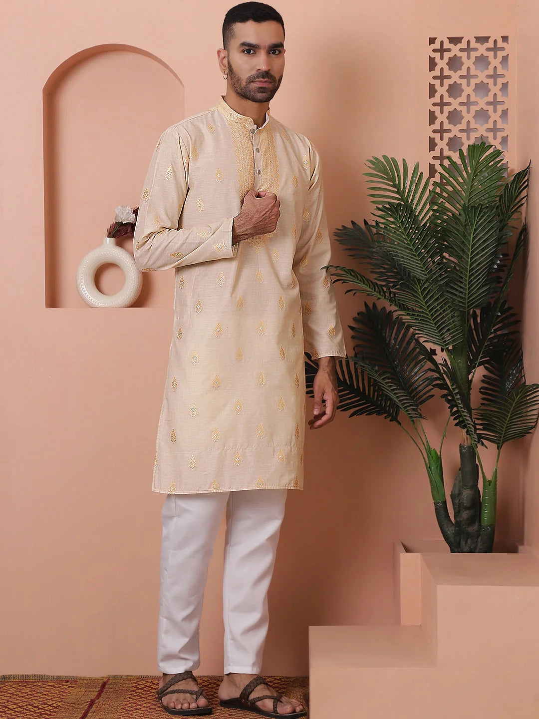 Cream Foil Printed Mens Kurta Pajama Set | Ethnic Style