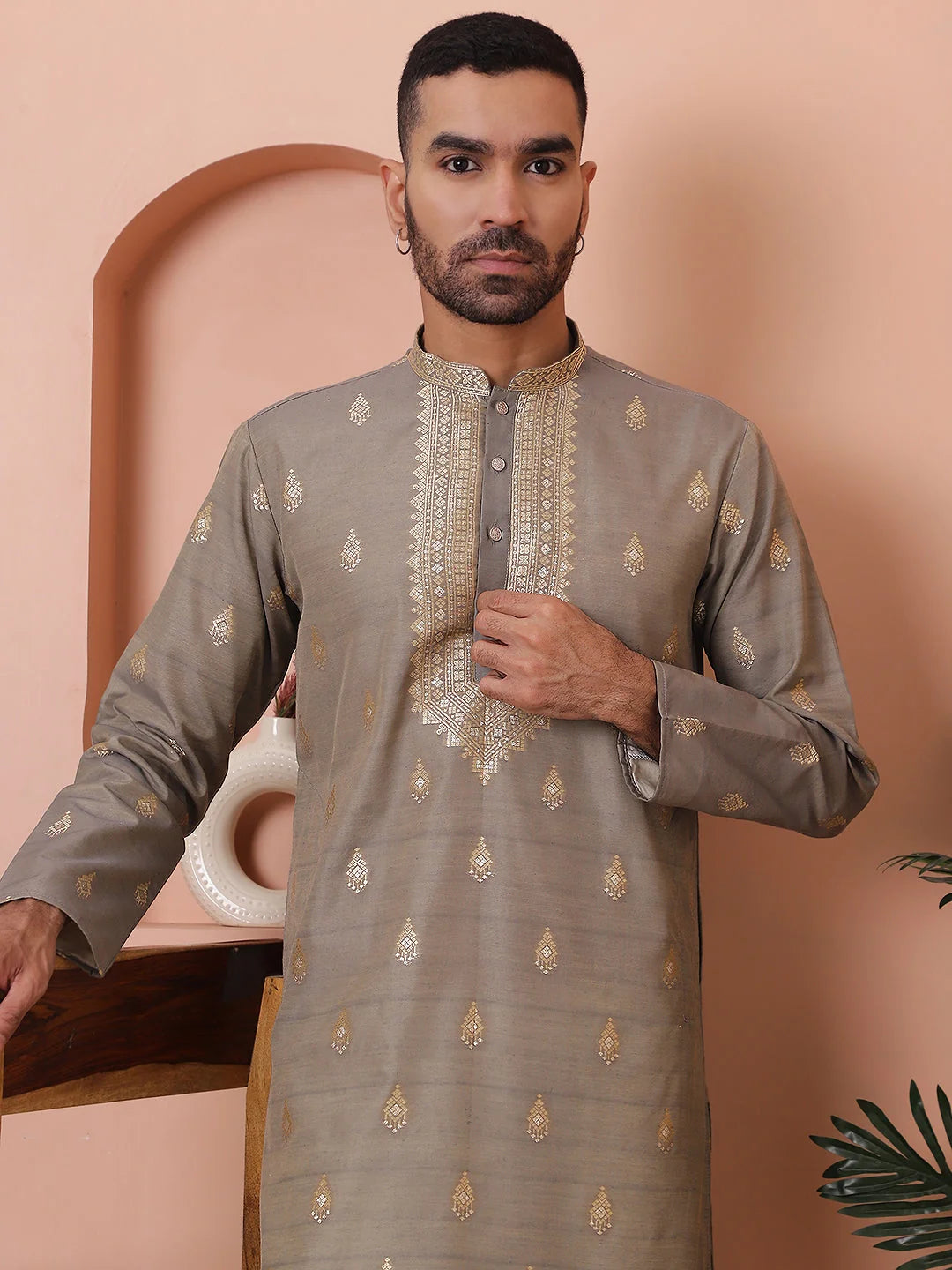 Grey Foil Printed Mens Kurta Pajama Set | Cotton Blend