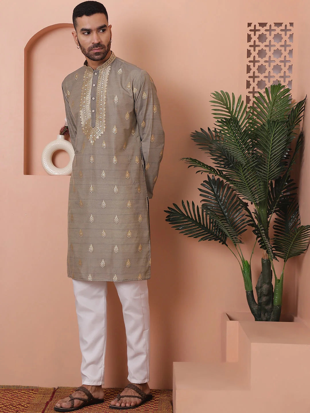 Grey Foil Printed Mens Kurta Pajama Set | Cotton Blend