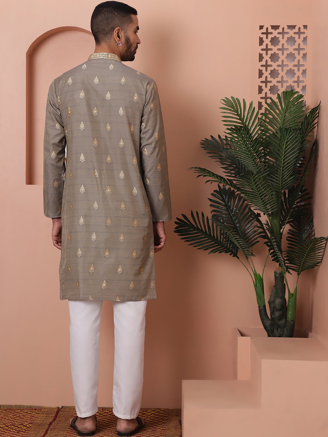 Grey Foil Printed Mens Kurta Pajama Set | Cotton Blend