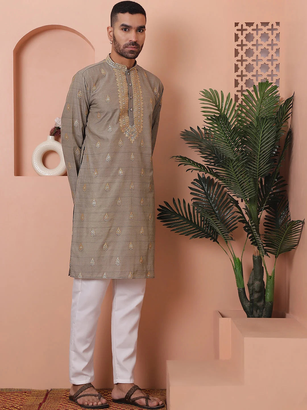 Grey Foil Printed Mens Kurta Pajama Set | Cotton Blend