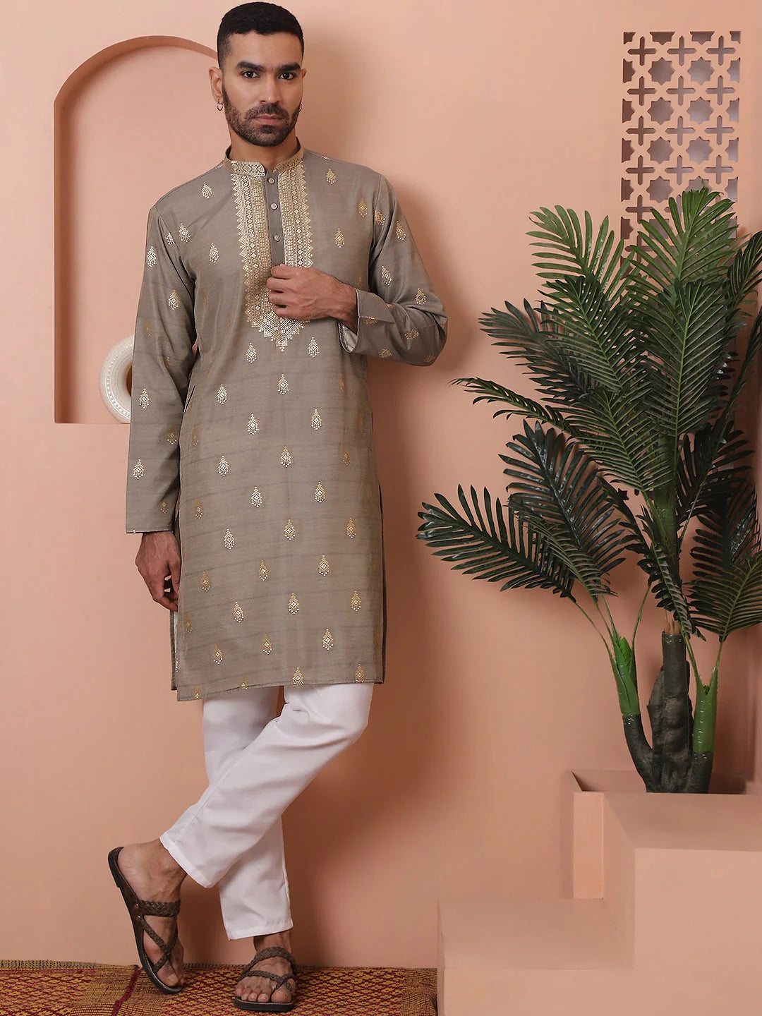 Grey Foil Printed Mens Kurta Pajama Set | Cotton Blend