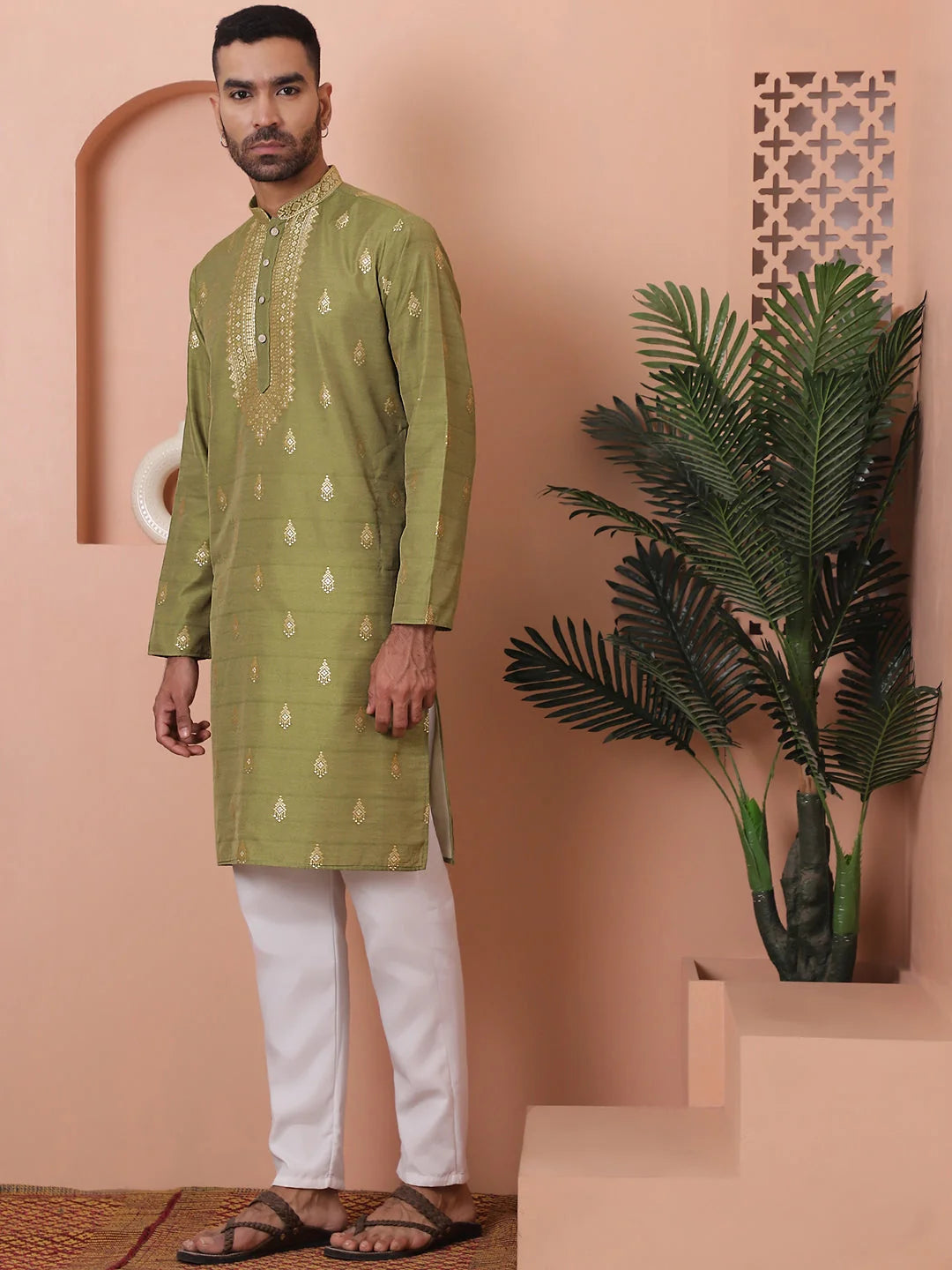 Olive Foil Printed Mens Kurta Pajama Set | Silk Cotton Blend
