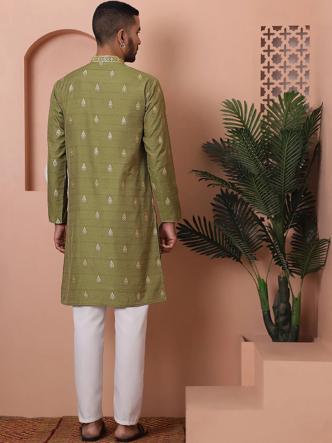 Olive Foil Printed Mens Kurta Pajama Set | Silk Cotton Blend