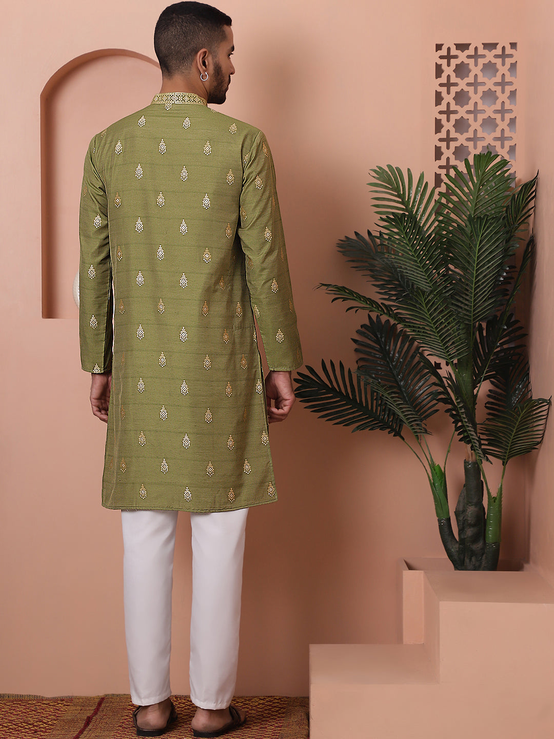 Olive Foil Printed Mens Kurta Pajama Set | Silk Cotton Blend